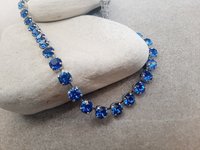 Blue Sapphire Crystal Tennis Necklace | Silver Rhinestone Collet