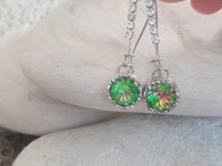 Green Concave Threader Earrings | Long Dangle & Drop Art Deco Earrings