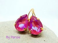 Fuchsia Pink Teardrop Crystal Earrings in Gold