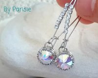 Aurora Borealis Crystal Threader Earrings: Platinum Rhinestone Dangle
