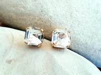 Square Crystal Stud Earrings | Gold Asscher Cut Wedding Day Earrings