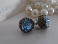 Aquamarine Crystal Earrings / Blue Stud Earrings /Art Deco Pierced Post Earring / Filigree Antique Bronze / Summer Birthday Gift /