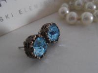 Aquamarine Crystal Earrings / Blue Stud Earrings /Art Deco Pierced Post Earring / Filigree Antique Bronze / Summer Birthday Gift /