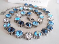 Blue Multi-color Crystal Filigree Necklace, Art Deco Jewelry, Platinum Choker, Birthday Gift for Wife, Anniversary Gift