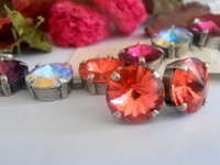 Padparadscha Orange Stud Earrings 12mm, Crystal Rivoli Party Jewelry, Antique Silver Round Post, Girl Prom Gift