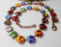 Rainbow Crystal Copper Necklace, Rivoli Choker, Antique Jewelry, Round Tennis Cup chain, Wife Birthday Gift