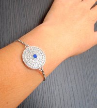 Silver Round Disc Chain Charm Bracelet / Minimalist Mandala Jewelry / Bohemian sapphire Blue Crystal / Birthday Gift