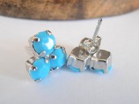 Turquoise Blue Platinum Post Earrings / Flower Crystal Studs / Birthday Gift