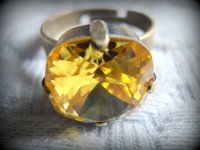 Light Topaz Cushion Cut Adjustable Ring / 4470 Yellow Crystal 12mm / Antique Bronze Bohemian Jewelry / Birthday Present for Women