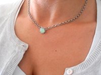 Chrysolite Opal Solitaire Chain Pendant Necklace, Art Deco Minimalist Jewelry, Birthday Gift for Girlfriend