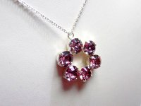 Antique Pink Flower Crystal Pendant, Silver Circle Chain Necklace, Costume Jewelry, Birthday Gift for her