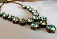 Chrysolite Green Crystal Bridgerton Style Bronze Necklace, Long Art Deco Filigree Antique Jewelry, Regency Era, Women Gift Ideas