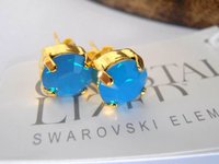 Caribbean blue opal Gold Earrings / Crystal Studs / Pierced Post / Gold Jewelry / Birthday Gift