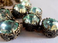 Chrysolite Green Crystal Bridgerton Style Bronze Necklace, Long Art Deco Filigree Antique Jewelry, Regency Era, Women Gift Ideas