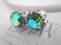 Peridot Shimmer Crystal Stud Earrings / Pierced Post /  Art Deco Filigree Costume Jewelry / Women Gifts