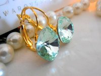 Chrysolite Bridal Drop Crystal Earrings / Cushion Cut 4470 / Green Lever back Gold Dangle Bridesmaids Jewelry