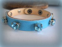 Turquoise Leather Cuff Bracelet / Aquamarine Crystal Bracelet /  Leather Strap Adjustable Bracelet / ss39 Crystal Chatons / Gift for her