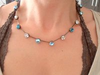 Aquamarine AB Crystal Minimalist Necklace 8mm, Costume Antique Jewelry, Bronze Tennis Cup chain choker, Birthday Girl Gift