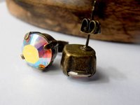 Aurora Borealis Bronze Stud Earrings, Pierced Post, Antique Jewelry, Fashion Accessories, Girl 20th Birthday Gift