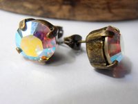 Aurora Borealis Bronze Stud Earrings, Pierced Post, Antique Jewelry, Fashion Accessories, Girl 20th Birthday Gift