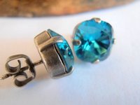 Blue Crystal Cushion Cut Studs / Post Pierced earrings / Square 12mm / 4470 / Antique Silver setting