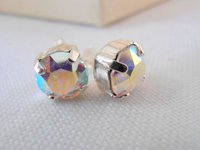 Aurora Boreali silver Stud Earrings / Pierced Post / AB Studs / Chatons 8mm / Dainty Jewelry 