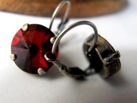 Siam Red Drop Earrings / 12mm Rivoli 1122 / Vienna Dangle Pierced Leverback Earrings / Women Christmas Gift / Antique Silver