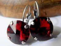 Siam Red Drop Earrings / 12mm Rivoli 1122 / Vienna Dangle Pierced Leverback Earrings / Women Christmas Gift / Antique Silver