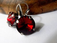 Siam Red Drop Earrings / 12mm Rivoli 1122 / Vienna Dangle Pierced Leverback Earrings / Women Christmas Gift / Antique Silver