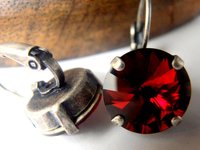 Siam Red Drop Earrings / 12mm Rivoli 1122 / Vienna Dangle Pierced Leverback Earrings / Women Christmas Gift / Antique Silver