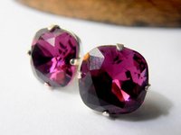 Amethyst Cushion Cut Stud Earrings, Fancy Purple, Crystal Post Earrings, Cocktail Square Cut Jewelry, Manhattan Style