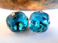 Blue Crystal Cushion Cut Studs / Post Pierced earrings / Square 12mm / 4470 / Antique Silver setting