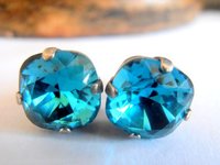 Blue Crystal Cushion Cut Studs / Post Pierced earrings / Square 12mm / 4470 / Antique Silver setting