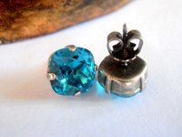 Blue Crystal Cushion Cut Studs / Post Pierced earrings / Square 12mm / 4470 / Antique Silver setting