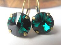 Emerald Green Dangle Bronze Rivoli Earrings / Antique Jewelry / Vienna Drop Setting / Christmas Gift