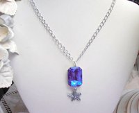 Blue Sapphire Crystal Starfish Charm Chain Necklace in Silver Plating