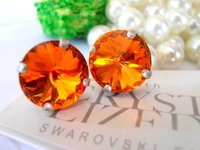 Tangerine Orange Stud Earrings with Rivoli Crystals • Antique Silver Jewelry • Pierced Post • Mother's Day Gift