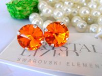 Tangerine Orange Stud Earrings with Rivoli Crystals • Antique Silver Jewelry • Pierced Post • Mother's Day Gift