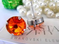 Tangerine Orange Stud Earrings with Rivoli Crystals • Antique Silver Jewelry • Pierced Post • Mother's Day Gift