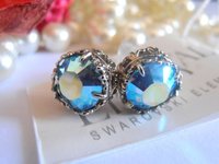 Aquamarine AB Filigree Stud Earrings / Crystal studs / Platinum Jewelry / Art deco post / Christmas gift