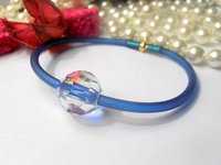 Aurora Borealis Crystal Rubber Bracelet / Faceted Round Beads on a Metallic Blue / Summer Jewelry