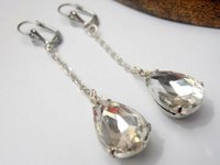 Bridal Teardrop Diamond Crystal Earrings / Pear Droplet / Long Chain Silver Leverback Wedding earrings / Dangle Bridesmaids Earrings