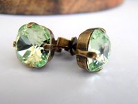 Chrysolite Bronze Stud Earrings, Antique Jewelry, Cushion Cut Crystal, Green Pierced Post 10mm