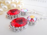 Ruby Red Bridgerton Style Drop Earrings 4120, Long Regency Wedding Jewelry, Platinum Daphne Period Jewels, Bridal Gift for her