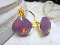 Cyclamen Opal Square Gold Earrings 12mm / Dangle & Drop / Cushion Cut 4470 / Wedding Jewelry / Birthday Gift