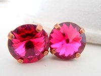 Fuchsia Copper Rivoli Earrings 12mm 1122 / Antique Jewelry / Crystal Pierced Studs / Birthday gift