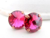 Fuchsia Copper Rivoli Earrings 12mm 1122 / Antique Jewelry / Crystal Pierced Studs / Birthday gift