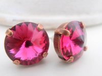 Fuchsia Copper Rivoli Earrings 12mm 1122 / Antique Jewelry / Crystal Pierced Studs / Birthday gift