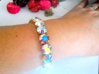 Aurora Borealis Gold Stretch Bracelet / Sew on Crystal Bracelet / 10mm Antique jewelry / Wedding Bridal Link Bracelets