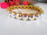 Aurora Borealis Gold Stretch Bracelet / Sew on Crystal Bracelet / 10mm Antique jewelry / Wedding Bridal Link Bracelets